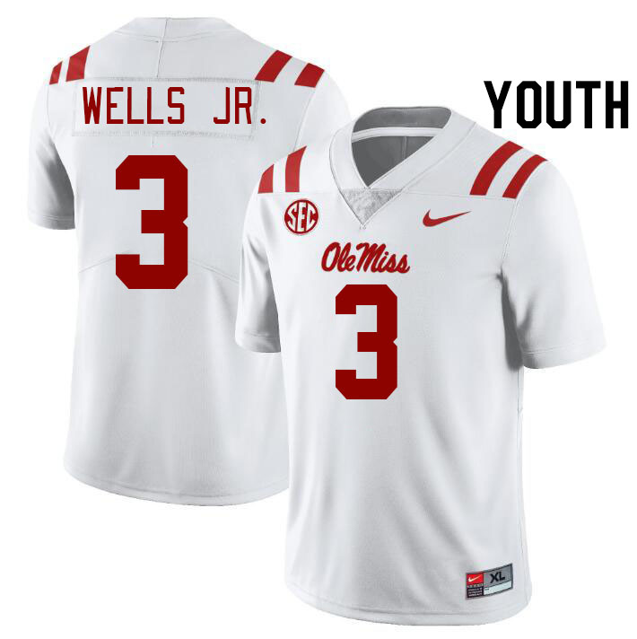 Youth #3 Antwane Wells Jr. Ole Miss Rebels College Football Jerseys Stitched-White